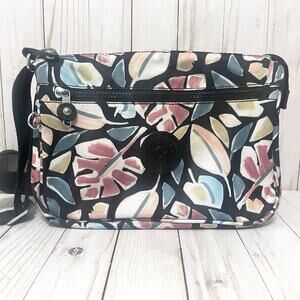 Kipling Riri Crossbody Bag Floral Print Black Lightweight Nylon Adjustable Strap